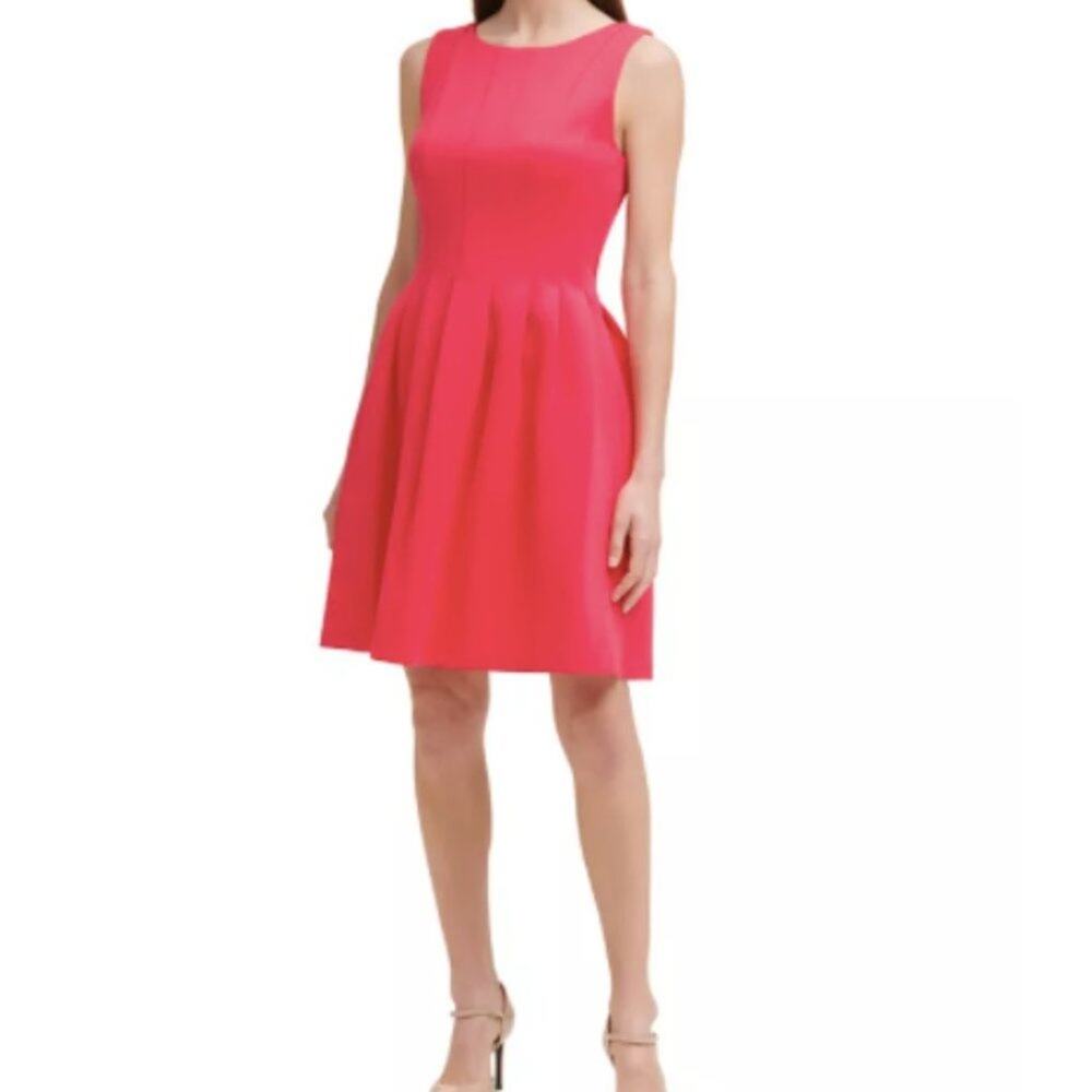 NWOT CALVIN KLEIN Green Pleated Scuba Fit & Flare Dress - 6 - Picture 4 of 8